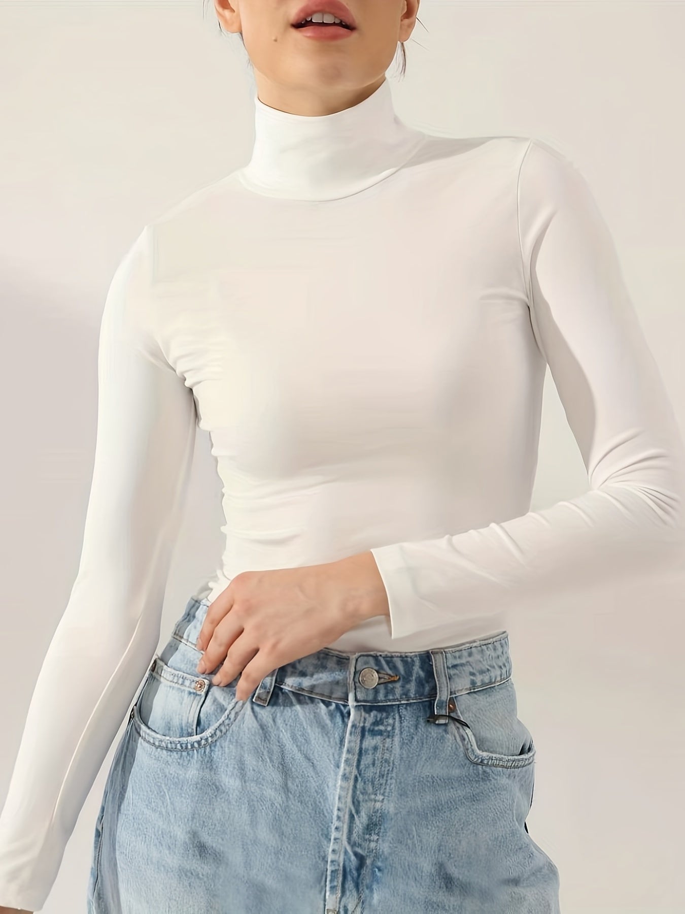 vlovelaw  Long Sleeve Turtleneck Slim T-shirt, Casual Solid Color T-shirt For Spring & Fall, Women's Clothing