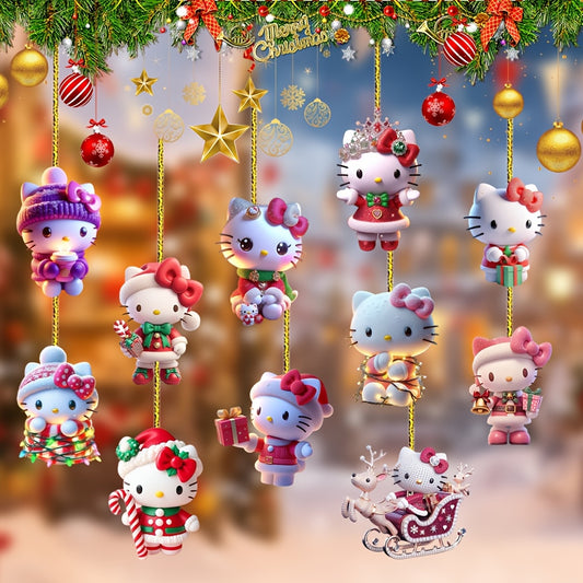 11pcs Sanrio Hello Kitty Christmas Ornaments Set - Cute 2D Acrylic Decorations for New Year & Holiday Tree, Perfect Gift Idea