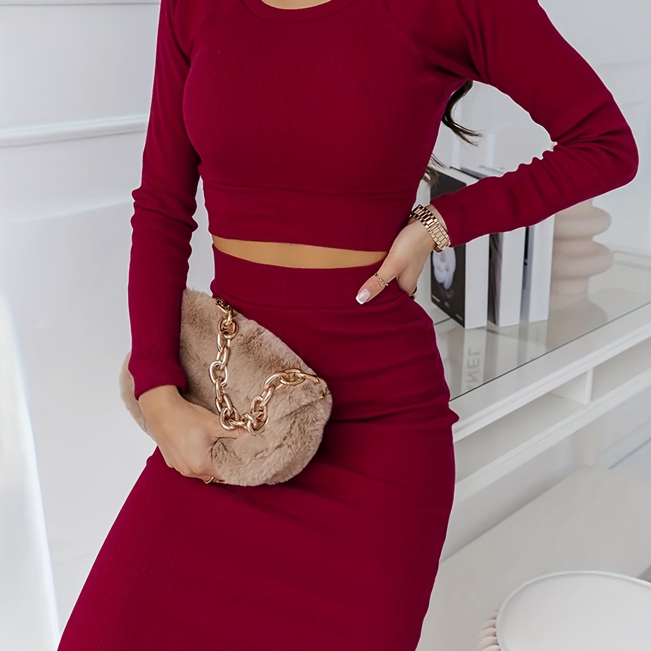 Casual Solid Two-piece Set, Crew Neck Long Sleeve Crop Top & High Waist Skirt Outfits, Women's Clothing