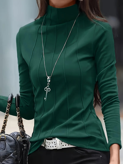 vlovelaw  Plus Size Solid Turtleneck Slim T-Shirt, Versatile Long Sleeve T-Shirt For Spring & Fall, Women's Plus Size Clothing