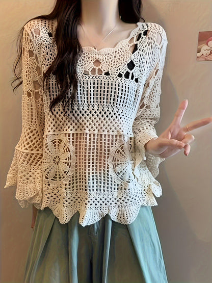 vlovelaw  Crochet Floral Pattern Knitted Top, Casual Beach Wear Solid Sleeveless Summer Top, Women's Clothing