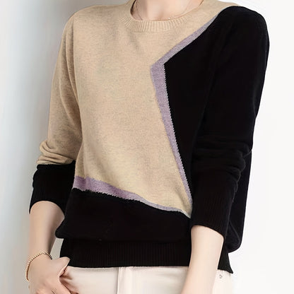 xieyinshe  Color Block Knitted Sweater, Long Sleeve Crew Neck Casual Sweater For Spring & Fall, Women's Clothing