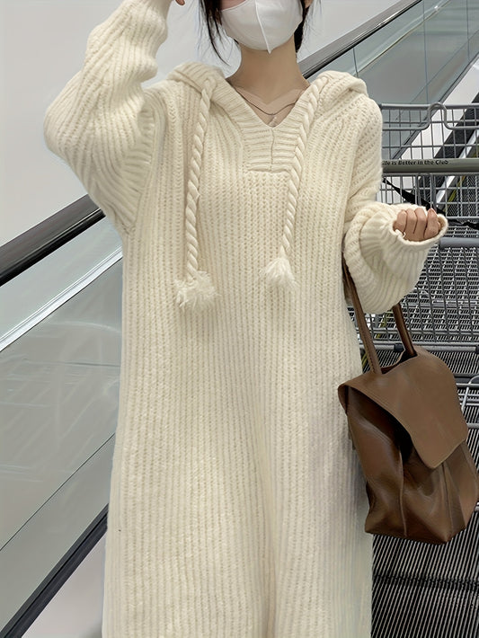 vlovelaw Drawstring Hooded Knit Dress, Casual Long Sleeve Mid Calf Loose Dress, Women's Clothing