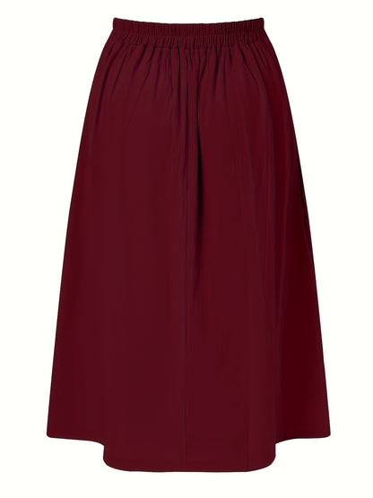 Plus Size Elegant Skirt, Women's Plus Solid Button Decor Slight Stretch Pleated Maxi Skirt With Pockets