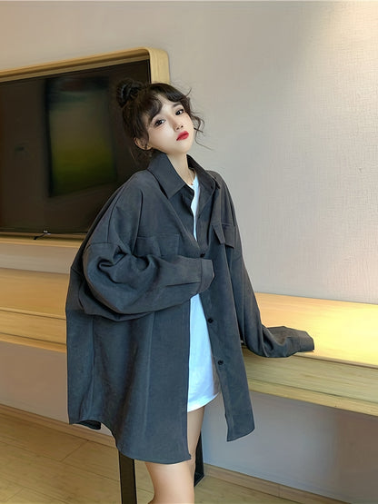vlovelaw  Solid Polo Collar Oversized Shirt, Casual Long Sleeve Button Shirt For Spring & Fall, Women's Clothing