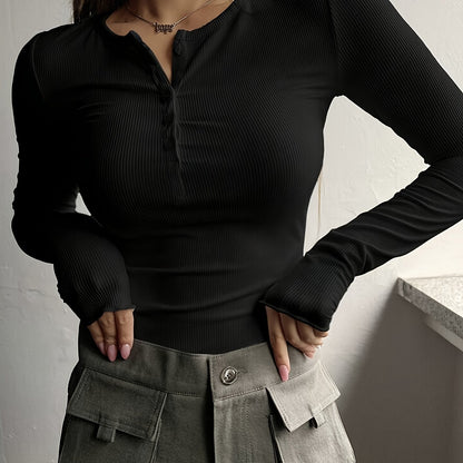 vlovelaw  Solid Ribbed Button Front T-Shirt, Casual Long Sleeve Top For Spring & Fall, Women's Clothing