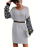 vlovelaw  Contrast Leopard Pattern V Neck Knitted Dress, Sexy Belted Dress For Fall & Winter, Women's Clothing