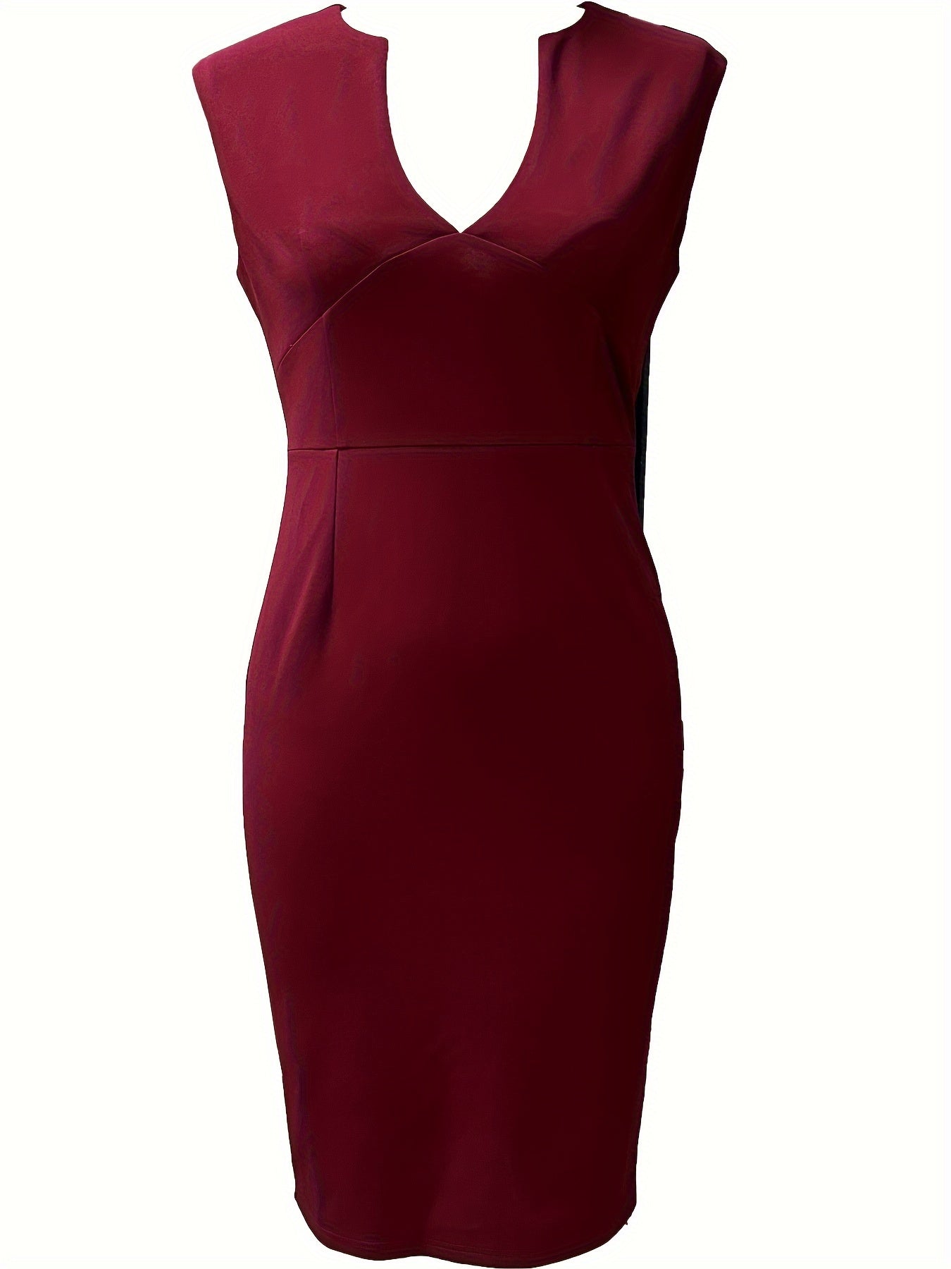 Solid V Neck Dress, Elegant Sleeveless Bodycon Work Office Dress, Women's Clothing