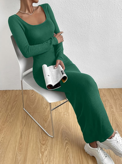 Solid Long Sleeve Knit Dress, Casual Square Neck Slim Dress For Spring & Fall, Women's Clothing
