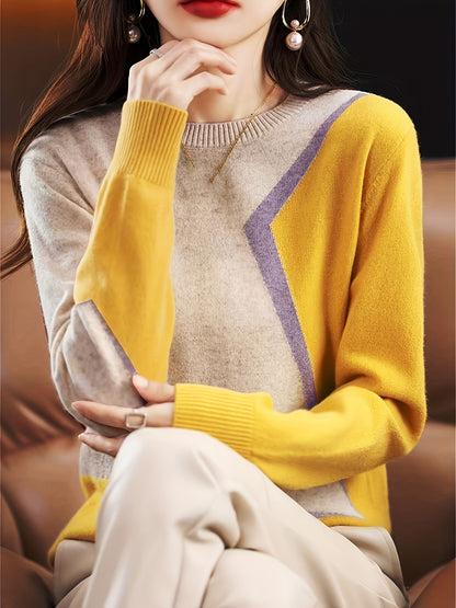 xieyinshe  Color Block Knitted Sweater, Long Sleeve Crew Neck Casual Sweater For Spring & Fall, Women's Clothing