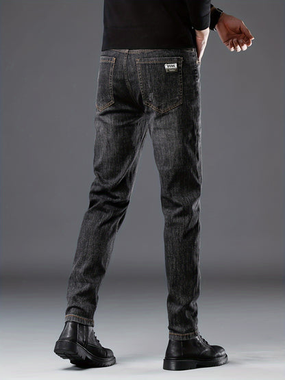 vlovelawMen's Stylish Comfy Solid Denim Trousers With Pockets, Causal Breathable Slim-fit Jeans For City Walk Street Hanging Outdoor Activities