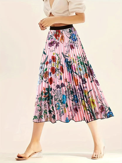 Plus Size Casual Skirt, Women's Plus Floral Print High Rise Pleated Midi Skirt