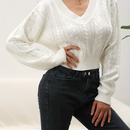 vlovelaw  Solid Cable V Neck Sweater, Casual Long Sleeve Drop Shoulder Sweater, Women's Clothing