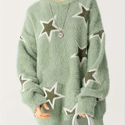 vlovelaw Star Pattern Crew Neck Sweater, Casual Long Sleeve Sweater For Fall & Winter, Women's Clothing