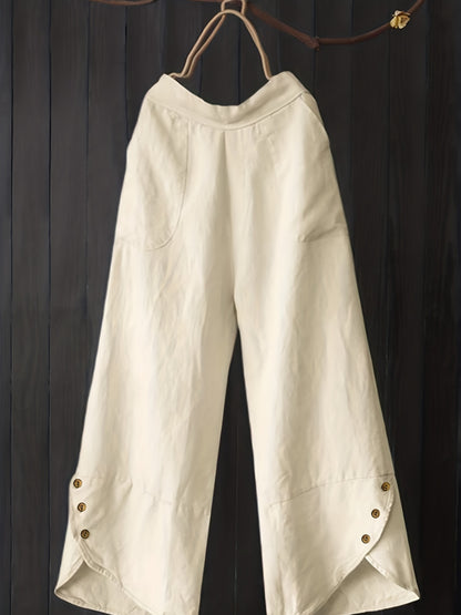 vlovelaw Plus Size High Rise Button Decor Irregular Wide Leg Pants, Women's Plus Casual Loose Fit Wide Leg Pants