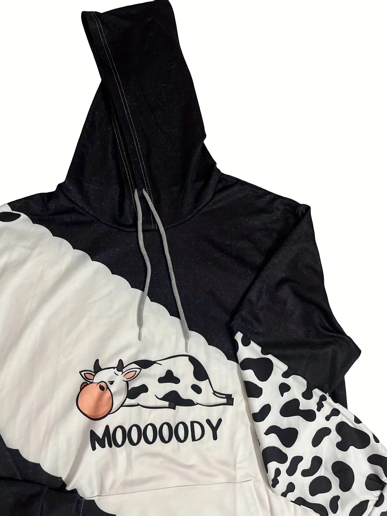 vlovelaw  Plus Size Casual Sweatshirt, Women's Plus Cow & Letter Print Long Sleeve Drawstring Hoodie