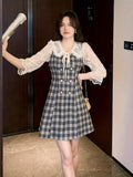 Plaid Print Contrast Lace Dress, Elegant Bodycon Tie Front A Line Dress, Women's Clothing