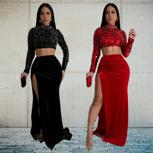 2025 C7190     fashion women's clothing sequins sexy long-sleeved split skirt two-piece set