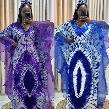 VLOVELAW Cross-Border European and American Women's Clothing African Middle East Ethnic Style Retro Long Gown Mesh Printed Tape Headscarf Dress 9004