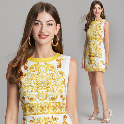 blue and white porcelain positioning printing sleeveless dress, high-waisted slim-fitting crew neck skirt