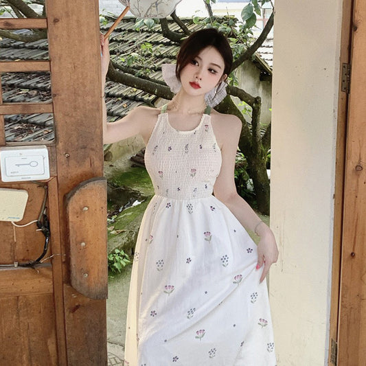 2025 retro floral suspender dress women's summer high-end vacation sleeveless backless long dress waist and thin skirt