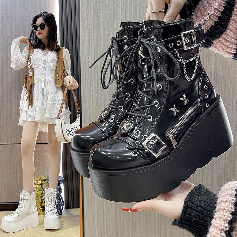 Autumn and Winter New Rivets Pendant Martin Boots Female Hot Girl Thick Bottom Increased by Belt Buckle Booties All-Matching Motorcycle Boots