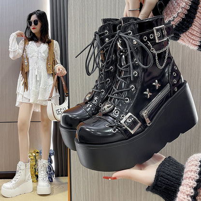 Autumn and Winter New Rivets Pendant Martin Boots Female Hot Girl Thick Bottom Increased by Belt Buckle Booties All-Matching Motorcycle Boots