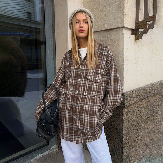 KKBOXLY Plaid shirt women's 2025 cross-border New autumn new American retro double pocket plaid striped medium and long shirt