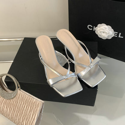Spring and Autumn New  Style Square Toe High Heels Women's Roman Sandals Outer Wear Flip-Flops Flip-Flops All-Matching