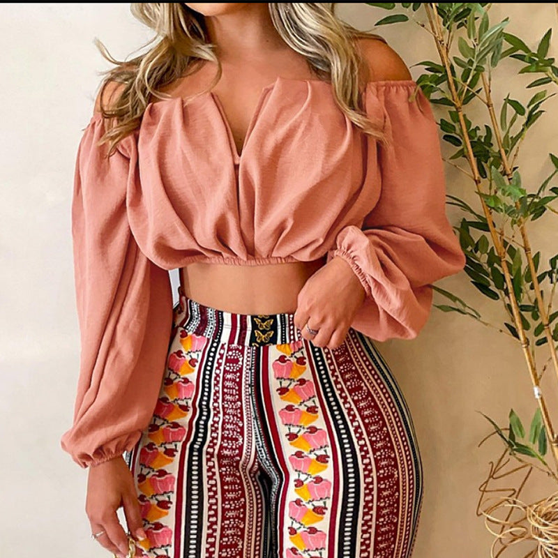 VLOVELAW European and American   Summer New off-Neck Women's Clothing  Sexy Print Pants Top Suit
