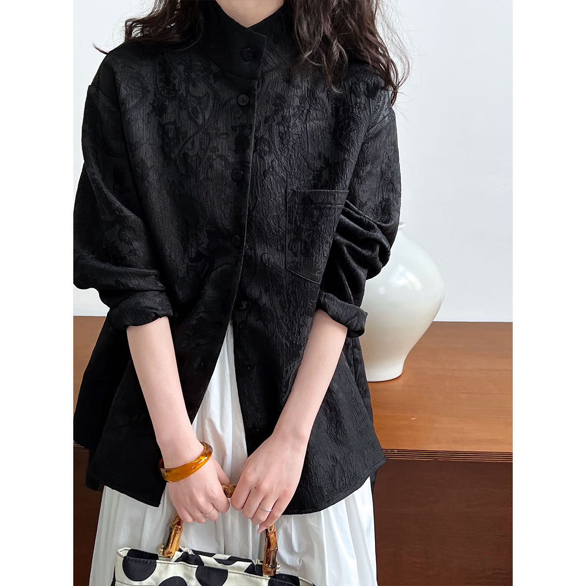 Lu Xi, retro new Chinese style shirt women's autumn texture jacquard stand-up collar high-end commuter top 3380