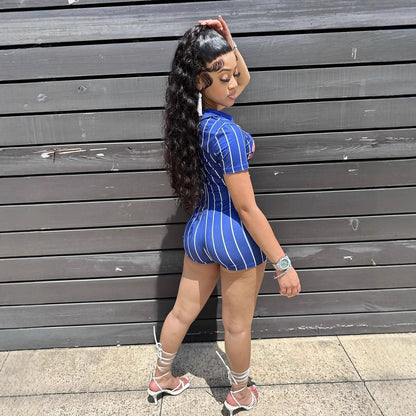 summer new women's clothing New Popular trade Spice Girls printed striped slim top hip shorts jumpsuit