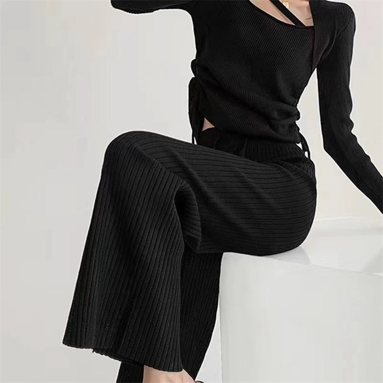 VLOVELAW Lazy pit strip white knitted wide-leg pants women's autumn and winter high waist drape straight loose casual versatile floor-mopping trousers