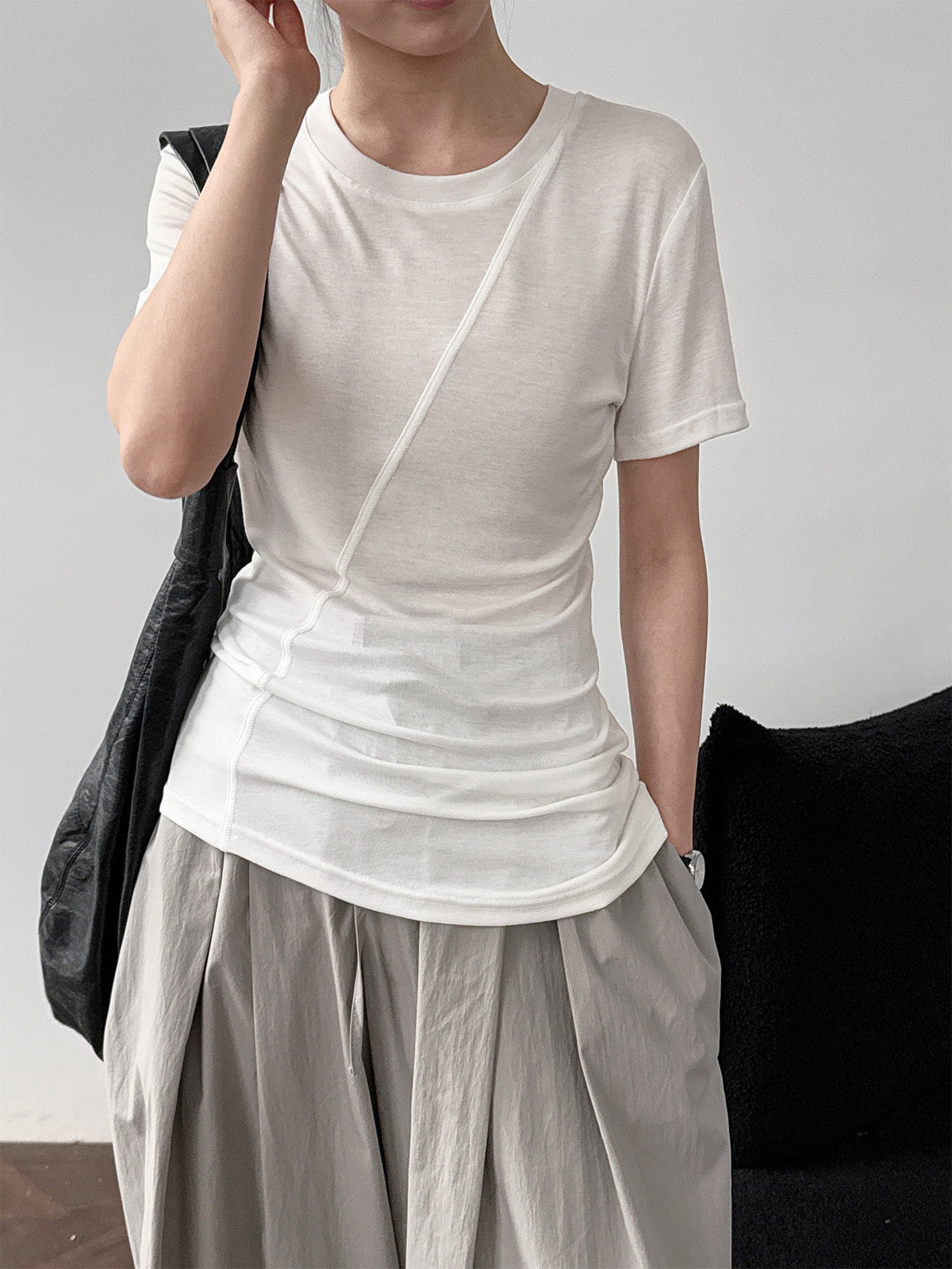 Luxi high elastic and thin~ Design sense irregular slim short sleeve women's summer light and thin Lyocell Tencel T-shirt 2687