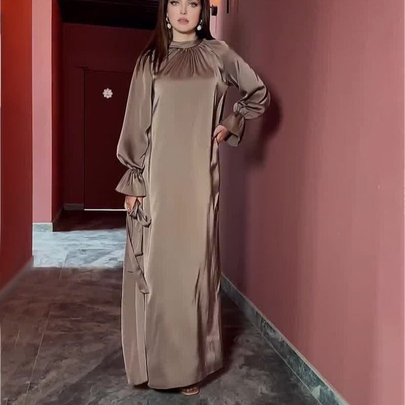 VLOVELAW Cross-Border European and American  Autumn New  Solid Color Satin Long Sleeve Loose Dress Belt Women's Clothing