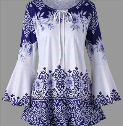 VLOVELAW European and American New  Women's Clothing Printing Long Horn Sleeve Lace-up T-shirt Slim Long Sleeve plus Size Women's Clothing