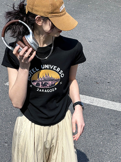 2025 Tachibana popular summer new T-shirt top women's Korean round neck waist retro niche printing short sleeve 2409-1