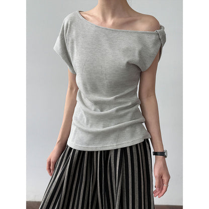Luxi, waffle asymmetrical slanted shoulder kink T-shirt women's summer new slim and thin Spice Girl top thin 2703