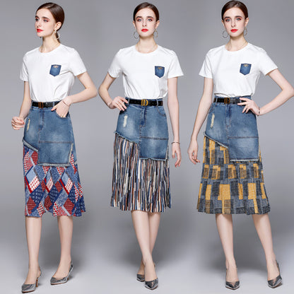 summer new light and mature style women's clothing set Hong Kong flavor T-shirt temperament fashion denim two-piece set