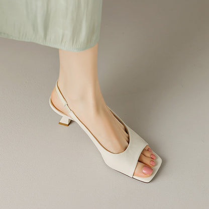 Women's Square Toe Peep Toe Cowhide Thick Heel Sandals Summer New Shallow Mouth Simple Back Empty Slip-on Elegant High Heel Women's Shoes