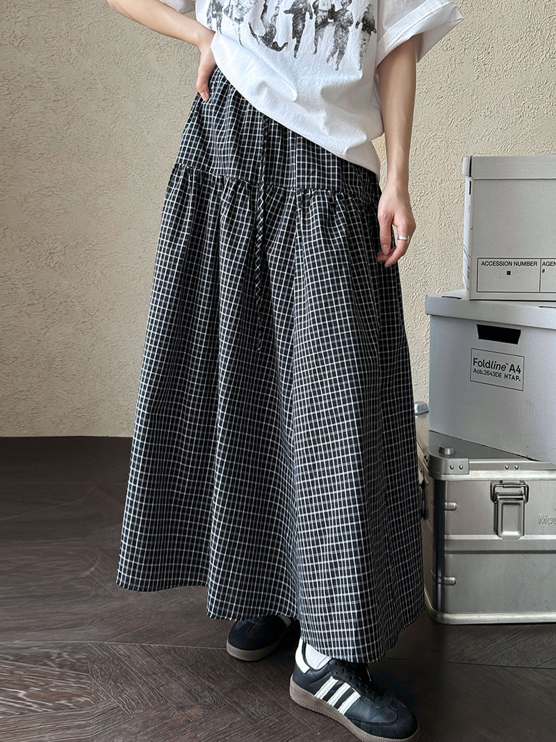 Luxi, plaid splicing skirt women's summer new elastic waist A-shaped skirt, large pendulum umbrella skirt, medium and long skirt 1875