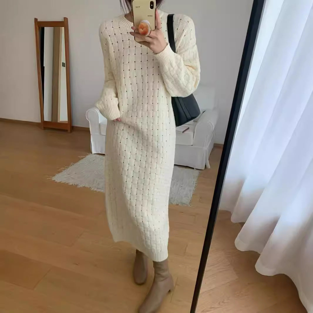 VLOVELAW Autumn and winter new knitted sweater dress women's long Korean version loose crew neck sweater skirt with bottom sweater skirt