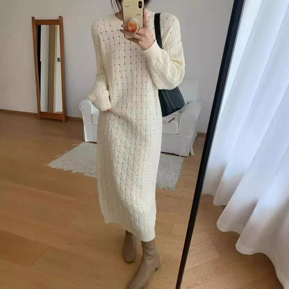 VLOVELAW Autumn and winter new knitted sweater dress women's long Korean version loose crew neck sweater skirt with bottom sweater skirt