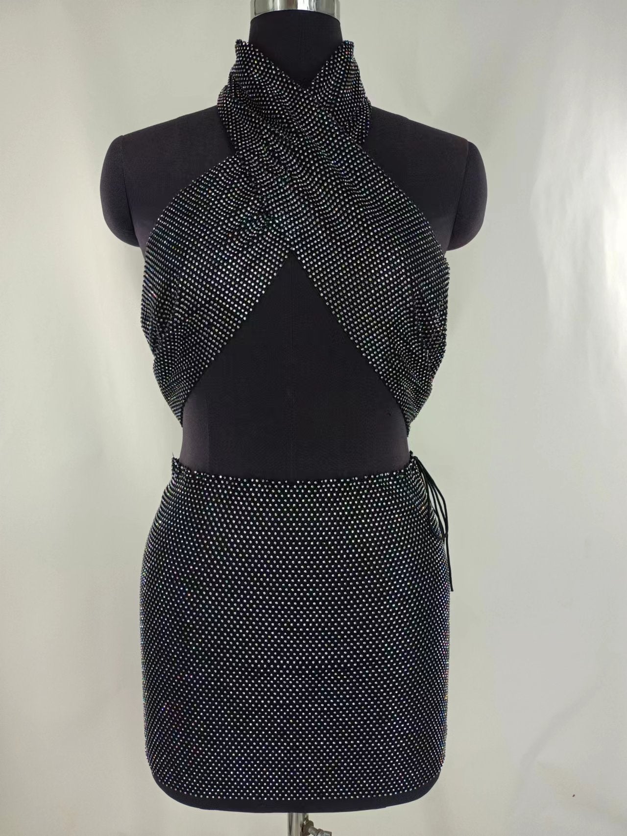 2025  FB3500 2025 hot-selling VEST sexy rhinestone inlaid diamond cloth hanging neck chest top splicing skirt set