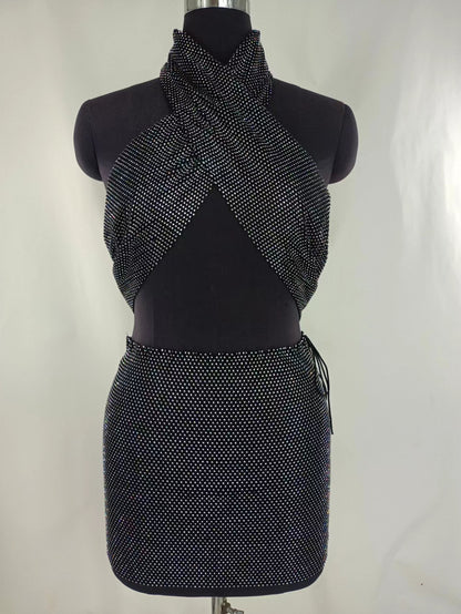 2025  FB3500 2025 hot-selling VEST sexy rhinestone inlaid diamond cloth hanging neck chest top splicing skirt set