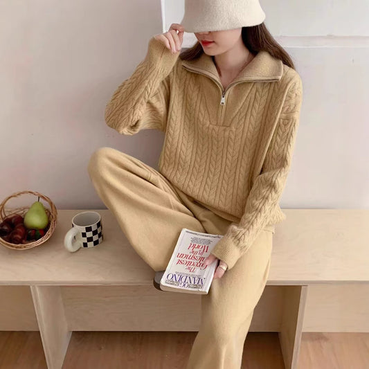 VLOVELAW Cross-border twist half-zipper lapel pullover sweater women's New autumn and winter new loose-knit casual pants two-piece set
