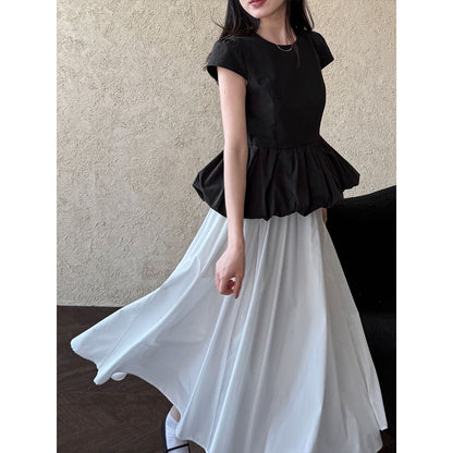 Luxi, temperament versatile splicing pleated hem lace T-shirt spring and summer new simple niche top short sleeve 8739