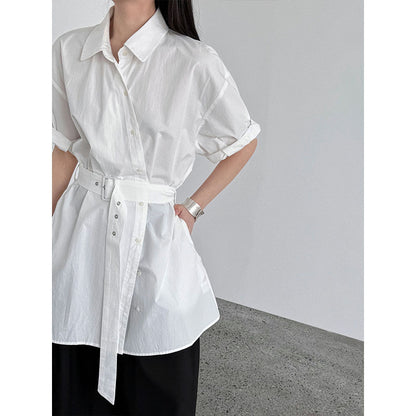 Luxi Korean niche design belt shirt women's summer new buckle loop strap waist short-sleeved top 8745