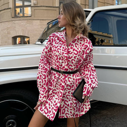 high street design sense animal pattern printing Spice Girl women's shirt spring new style long cardigan top