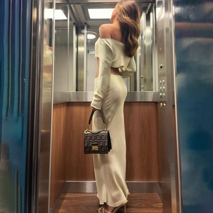 new fashion temperament elegant one-word shoulder long-sleeved top low-rise long skirt two-piece set waist sexy Popular trade
